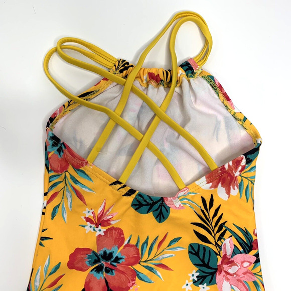 Kanu Surf Girls One Piece Swimsuit Size 6 Yellow Floral Crisscross Straps Tropic - Picture 5 of 9